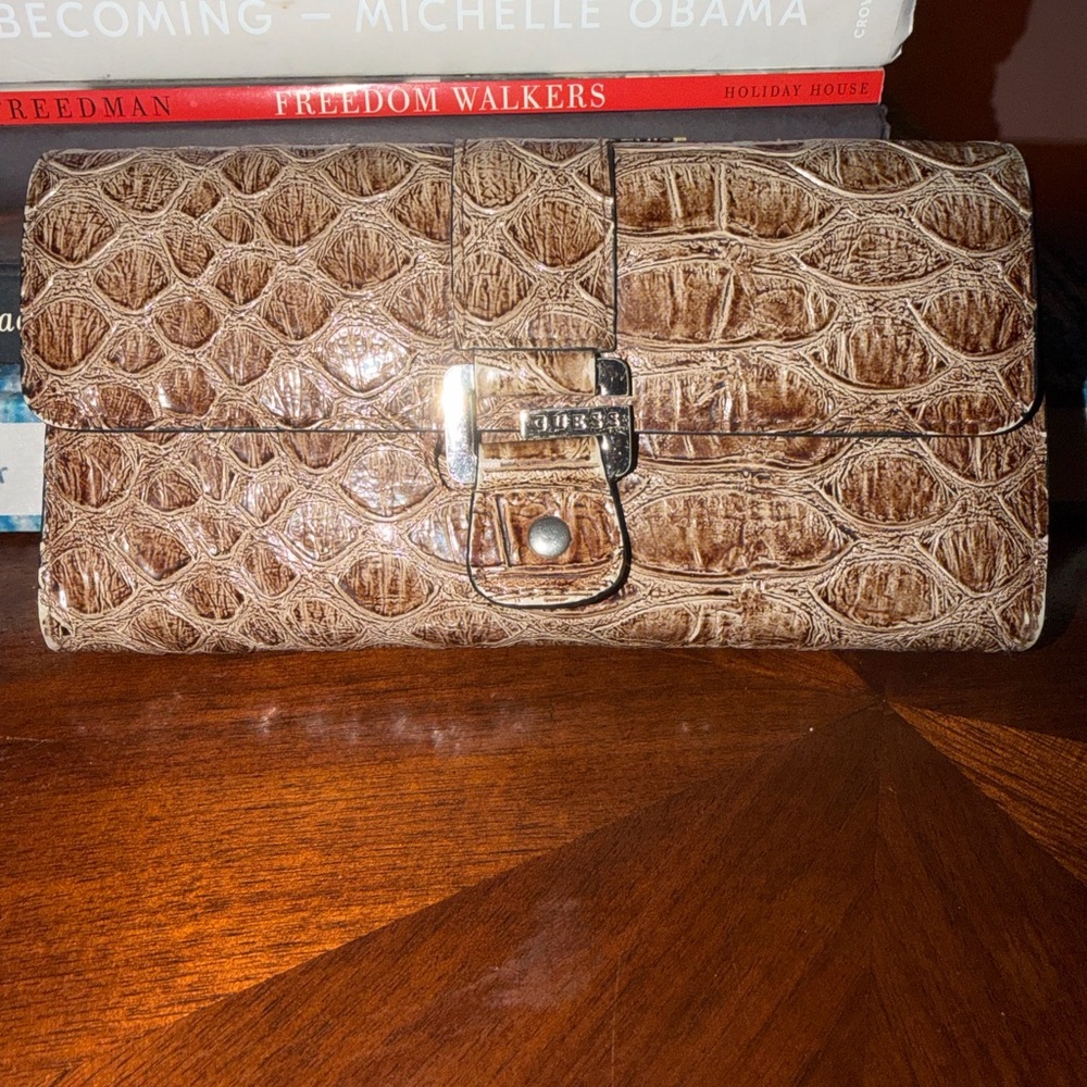 Croc-Embossed Brown Wallet Clutch with Silver Hardware